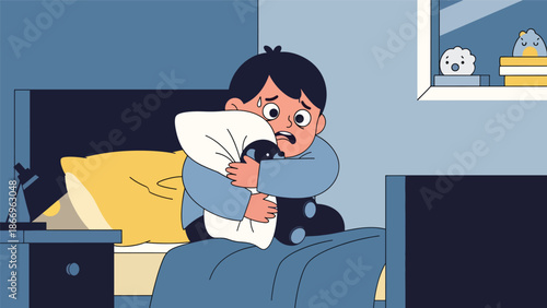 Flat vector artwork of a scared child holding a plush toy, ideal for emotional awareness, health education, and children’s therapy materials