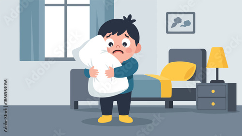 Flat vector artwork of a scared child holding a plush toy, ideal for emotional awareness, health education, and children’s therapy materials