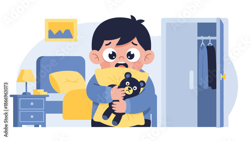 Flat vector artwork of a scared child holding a plush toy, ideal for emotional awareness, health education, and children’s therapy materials