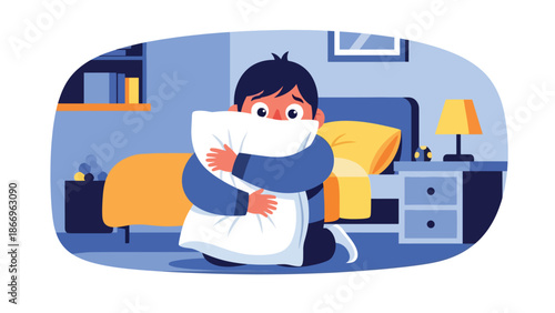 Flat vector artwork of a scared child holding a plush toy, ideal for emotional awareness, health education, and children’s therapy materials