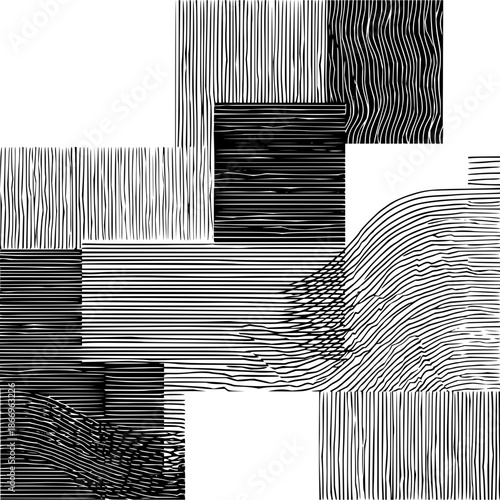 Black and white abstract composition with varied line patterns arranged in rectangular blocks and curves