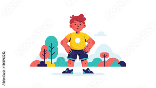 Flat vector illustration of a confident child standing proudly, ideal for motivation materials, self-esteem education, and character development