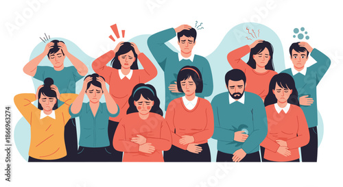 Group of diverse people suffering from various symptoms of illness, including headaches, stomach aches, and general discomfort.
