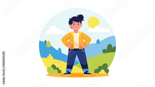 Flat vector illustration of a confident child standing proudly, ideal for motivation materials, self-esteem education, and character development
