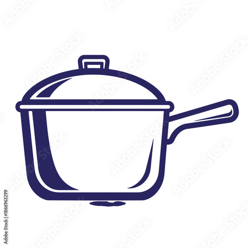 Illustration of a covered saucepan with handle in navy blue on white background