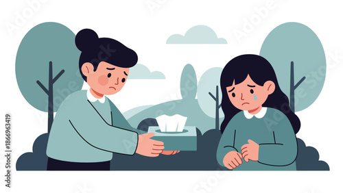Modern flat vector of a child showing sympathy to a friend, give tissue, ideal for empathy lessons, emotional charts, and social-emotional learning resources