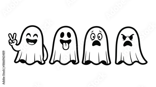 A set of four cartoon ghosts with different facial expressions on a white background.