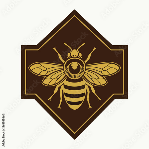 Detailed illustration of a bee inside a diamond shaped frame with wings and stripes.