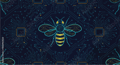 Digital Bee Illustration with Circuit Board Wings and Striped Body.