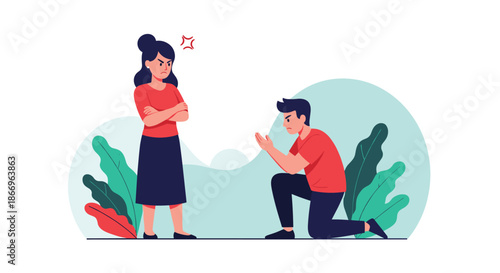 Desperate man kneeling on the ground and begging for forgiveness from an angry woman who stands with her arms crossed.