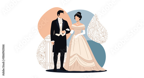 Elegant couple from the Regency or Victorian era dressed in formal ballroom attire against a beautiful abstract background.