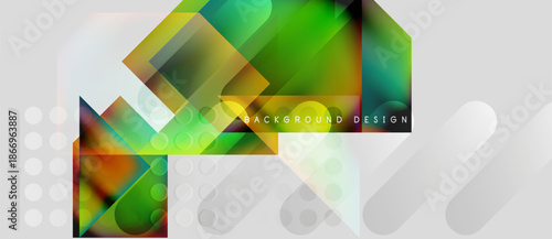 Abstract geometric shapes overlap, creating vibrant color gradients. White circles add texture to minimalist background.