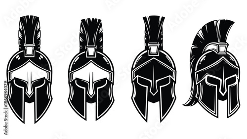 Four ancient Greek warrior helmets with plumes and face masks in black and white illustration on a plain white background.