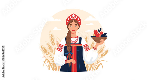 Beautiful woman in a traditional Russian folk costume with a kokoshnik headdress, holding a basket of apples in a wheat field.