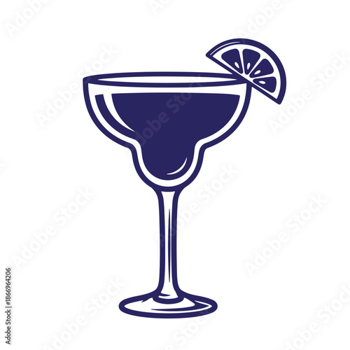 Illustration of a margarita cocktail glass with a lemon wedge on the rim  a popular drink
