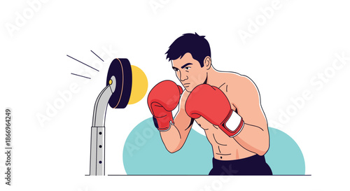 Focused and muscular boxer in red gloves training with a speed bag to improve his reflexes and punching technique.