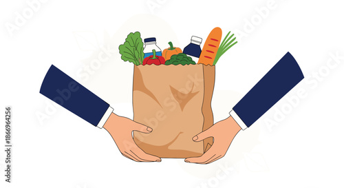 Concept of grocery delivery or food donation with one person's hands giving a paper bag full of fresh food to another.