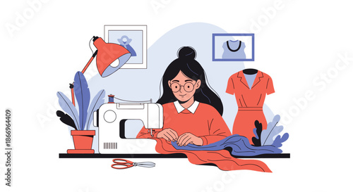 Young woman with glasses working as a seamstress or fashion designer, using a sewing machine in her creative workshop at home.