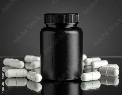 Black Supplement Bottle with White Capsules on Reflective Surface.