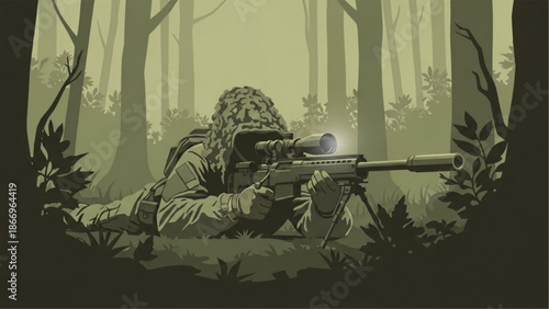 Tactical Sniper Silhouette in Ghillie Suit Lying in Forest – Minimalist Military Stealth Vector