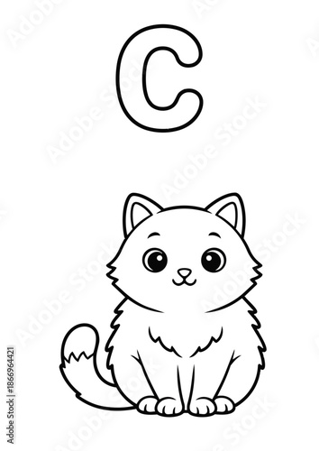 Letter C Coloring Book Page for Kids with Cute Cat. Vector Outline Illustration.