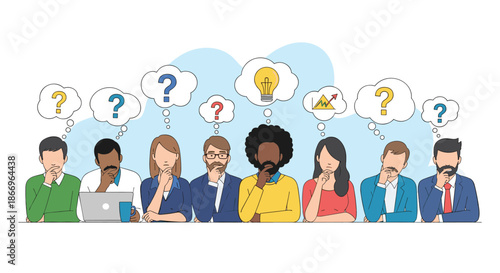 Diverse group of business people brainstorming, with most having question marks while one person has a brilliant lightbulb idea.