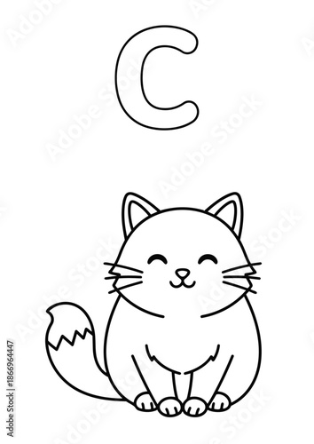 Letter C Coloring Book Page for Kids with Cute Cat. Vector Outline Illustration.