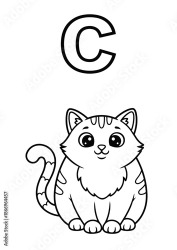 Letter C Coloring Book Page for Kids with Cute Cat. Vector Outline Illustration.