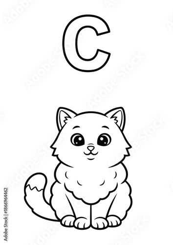 Letter C Coloring Book Page for Kids with Cute Cat. Vector Outline Illustration.