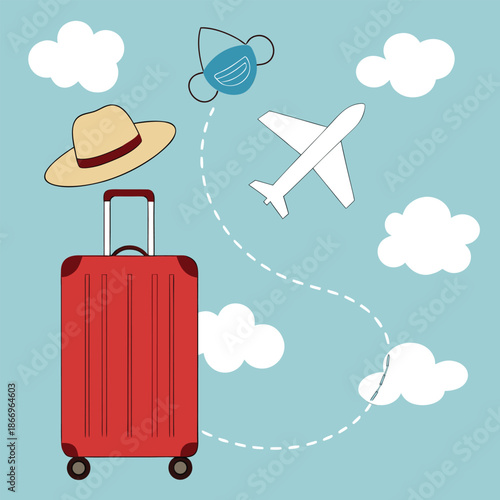 Red suitcase with hat and face mask floating, airplane flying away in cloudy sky, travel concept with luggage