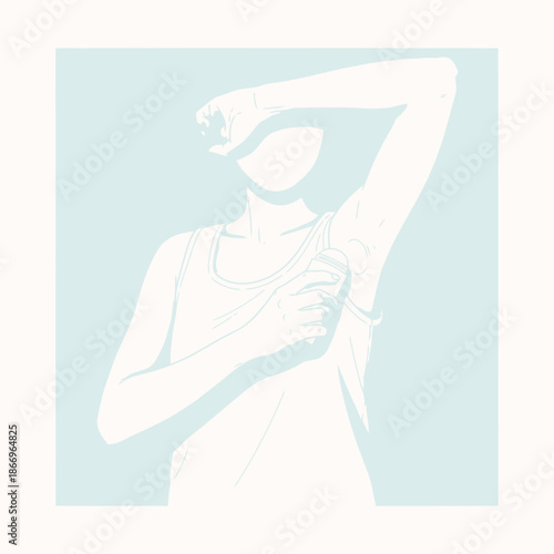 Woman applying deodorant or antiperspirant under her arm on blue background