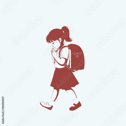 Sad schoolgirl with backpack walking
