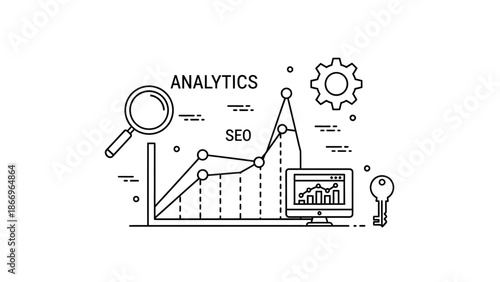 SEO Analytics Graph with Magnifying Glass and Lightbulb.