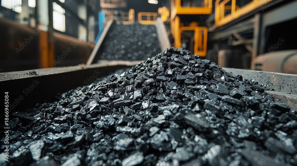 Naklejka premium Coal pile in industrial site during daytime with machinery for transport in background