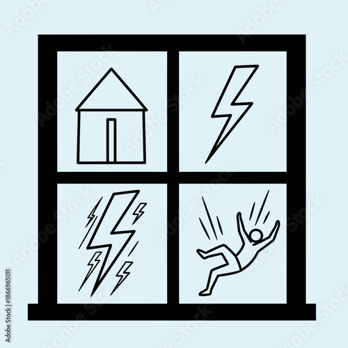 A window with house and lightning storm illustrations on a light blue background