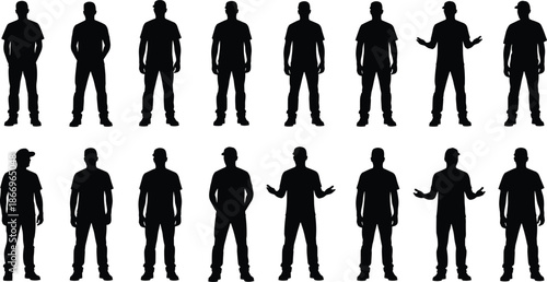 Male posture silhouettes, standing gesture icons, expressive body positions, cap-wearing figures, behavioral stance symbols, flat vector illustration