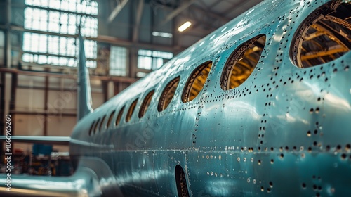 Wallpaper Mural Close view of an aircraft in a hangar showing metal details and windows during a maintenance process in the afternoon light Torontodigital.ca