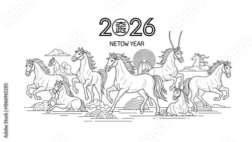 Group of horses running together in a dynamic illustration for the year 2026.