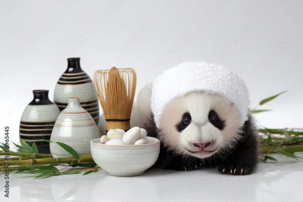 Fototapeta premium Adorable panda cub with spa set and bamboo in relaxing setting