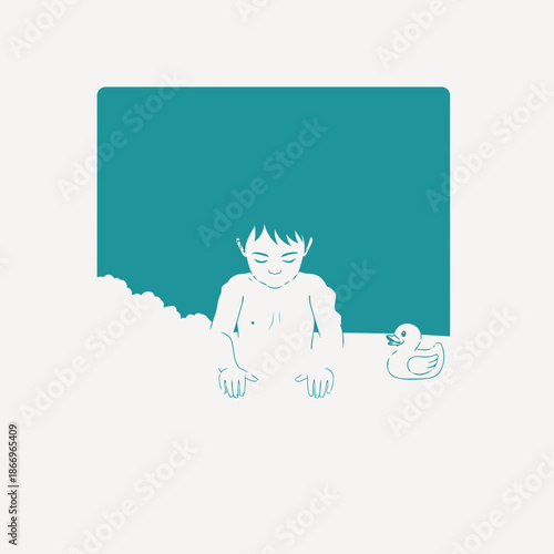 A person relaxing in a bathtub with a rubber duck by their side in a teal background