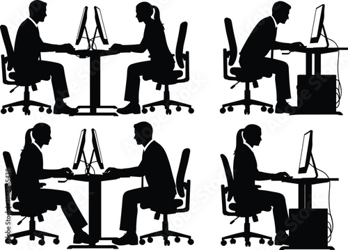Office workstation silhouettes, computer desk icons, seated worker figures, teamwork collaboration symbols, remote work graphics, flat vector illustration