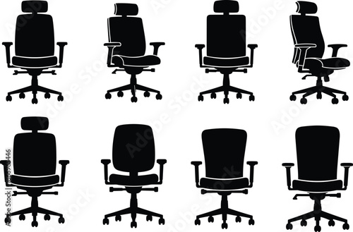 Office chair silhouettes, ergonomic designs, headrest variations, wheeled base, workplace furniture, black vector icons, flat vector illustration
