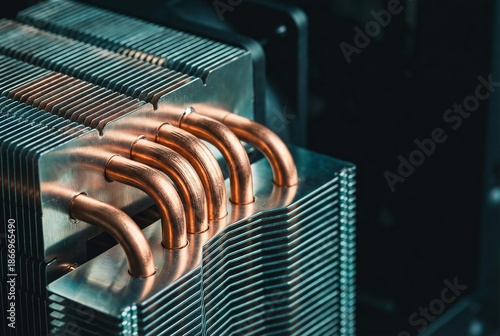 Macro of Copper Heat Pipes and Cooling Fins Inside Computer
