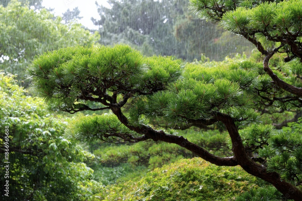 Fototapeta premium Lush green pine tree in rainy japanese garden with dense foliage