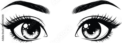 Realistic human eyes, black and white sketch, expressive gaze, detailed eyelashes, eyebrows, symmetry, anatomy, emotion, flat vector illustration