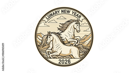 Lunar New Year 2026 horse emblem with traditional design elements.