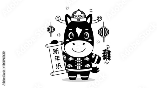 Cartoon cow character with Chinese New Year decorations and scroll.