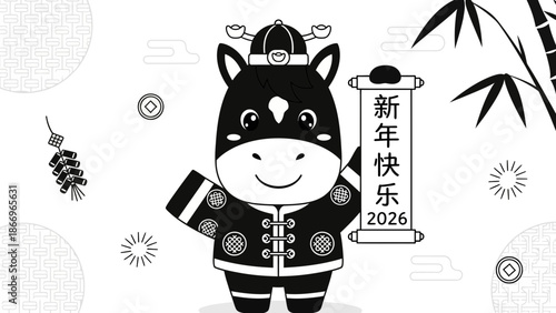 Black and white cow character in traditional Chinese attire holding a scroll with New Year greeting for 2026.