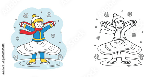 Coloring book page vector illustration of a happy girl ice skating and twirling, color and outline version.