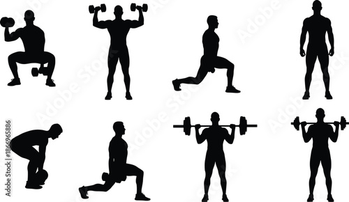Strength training silhouettes, weightlifting exercise icons, dumbbell and barbell workout poses, fitness movement figures, flat vector illustration